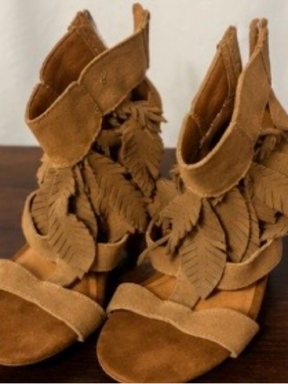 Yellow Box Camel Suede Leaf-Trim Heeled Sandals